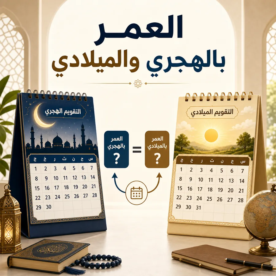 رسم توضيحي يشرح الفرق بين حساب العمر بالهجري والميلادي باستخدام تقويمين