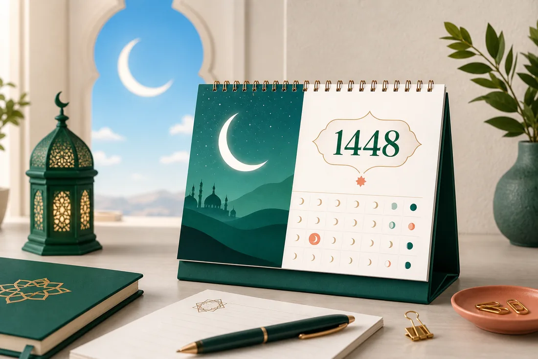 تقويم هجري مفتوح لعام 1448 مع رمز الهلال