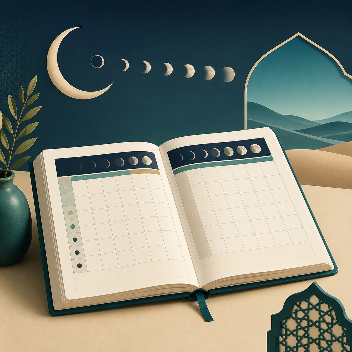 تقويم سنوي مفتوح مع هلال ومراحل القمر لشرح التقويم الهجري 1449