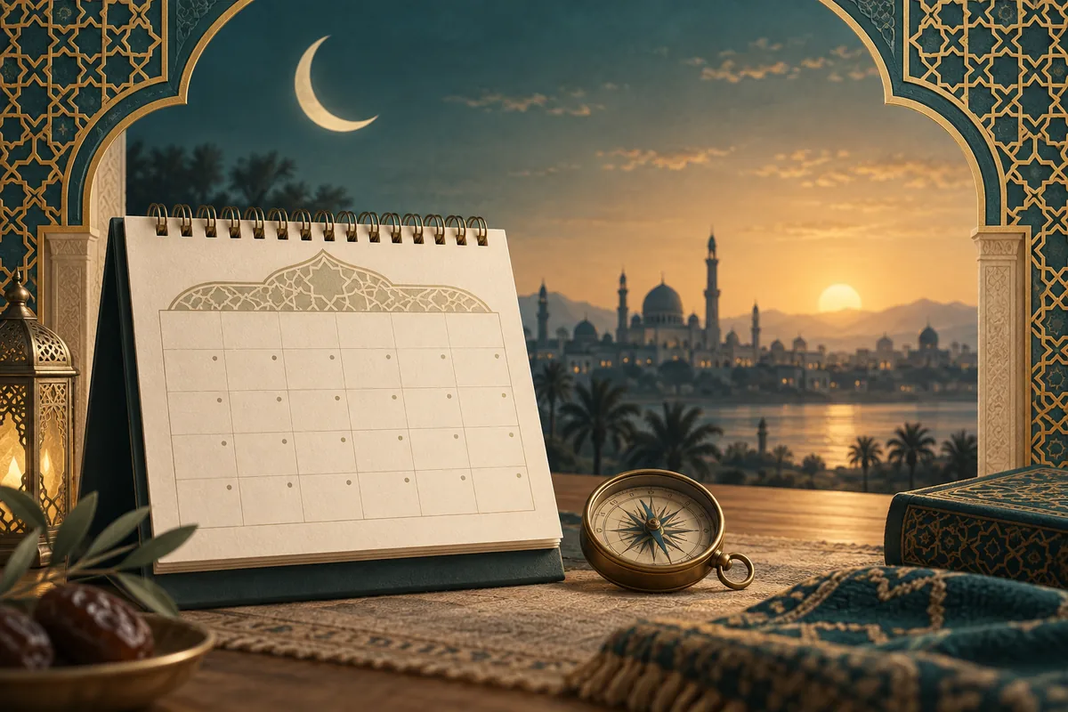 Calendario de papel, brújula y creciente para verificar el Ramadán 2029