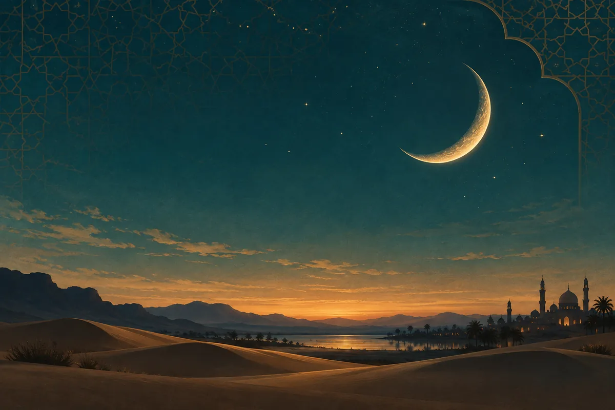 Creciente iluminada sobre un horizonte desértico que representa la fecha del Ramadán 2029