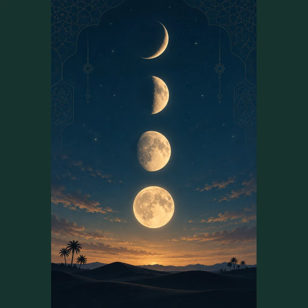 Secuencia visual de las fases lunares desde la observación hasta el final del Ramadán