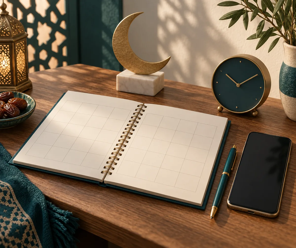 Calendario, luna creciente y reloj para comprobar una fecha del Ramadán 2031