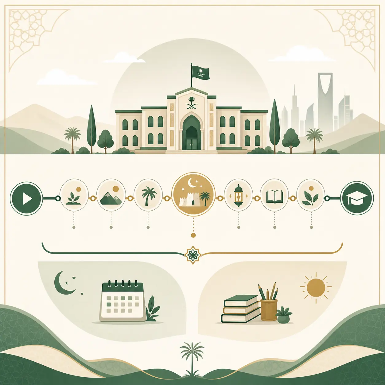 رسم تحريري لمسار العام الدراسي من بداية الدراسة إلى الإجازة النهائية مع رموز للفواصل